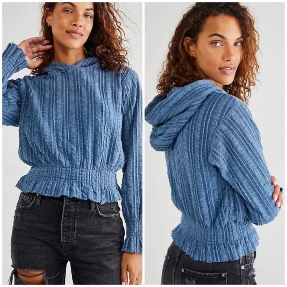 💙 FREE PEOPLE Blue Horizon Ribbed Ruffle Birdie Pullover Top Sweatshirt Hoodie
